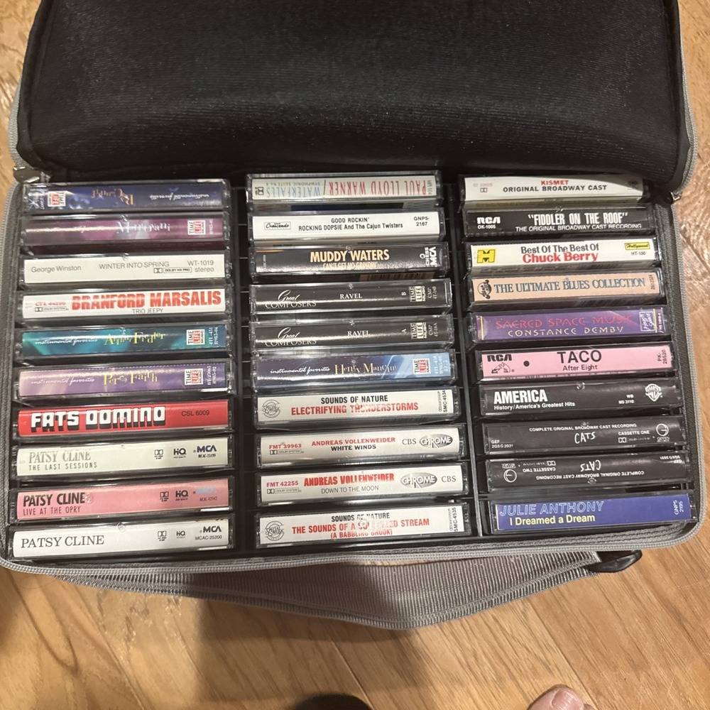 Lot of 30 Vintage Cassette Tapes Case Logic Case Patsy Cline Cats Blues Broadway